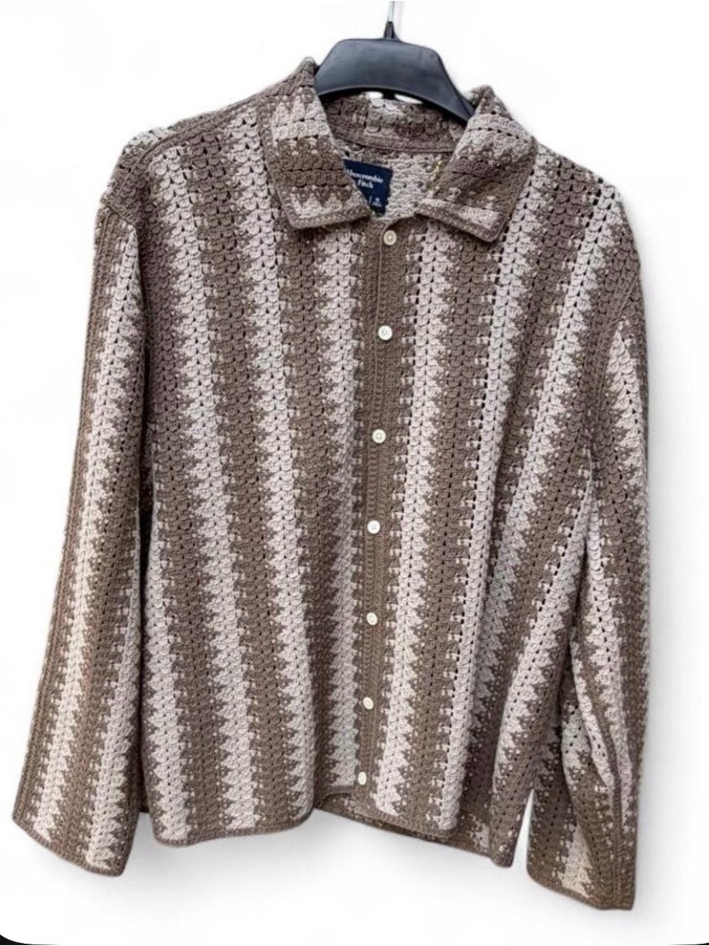MEN Abercrombie & Fitch Taupe and Cream Striped Crochet Button-Up Cardigan